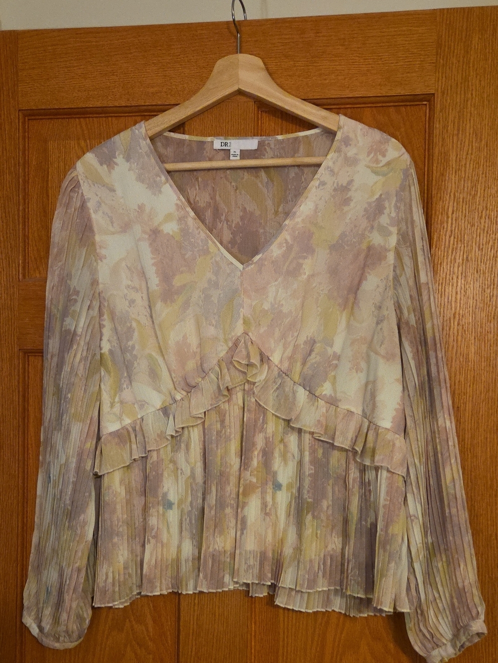 DR2 Pleated Ruffle V-Neck Top in Pastel Yellow and Lavender